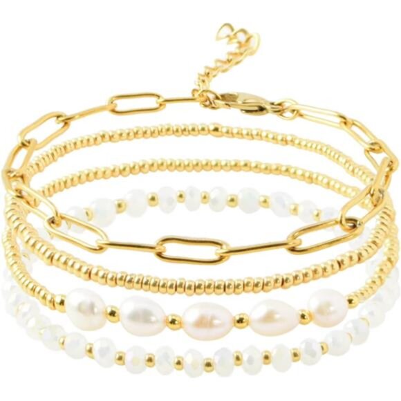 Jewelry - Dainty Gold Plated Pearl Crystal Beaded Bracelets Set for Women 14K Gold Plated